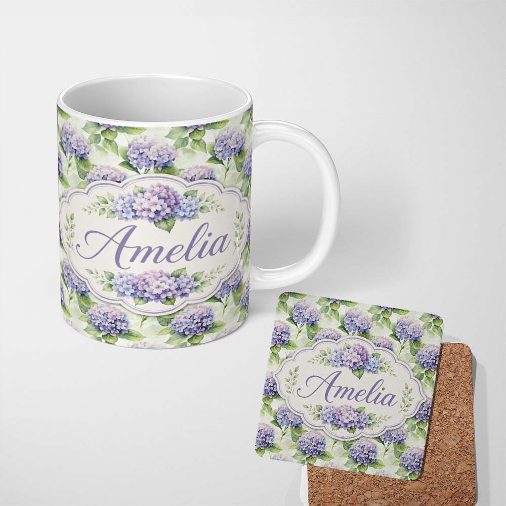 Personalized Custom Name Soft Purple Hydrangea Watercolor Floral Seamless Pattern Lovely 11oz Ceramic Coffee Tea Mug White Large Handle