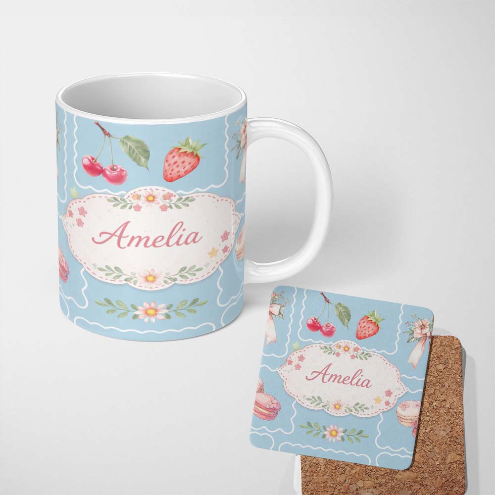 Personalized Custom Name Strawberry Cherry Bow Seamless Pattern Blue Frame Cute Coquette 11oz Ceramic Coffee Tea Mug White Large Handle
