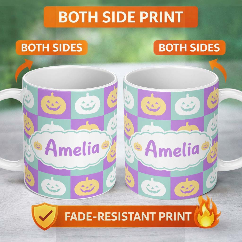 Personalized Custom Name Pastel Pumpkin Faces on Mint and Lavender Background Seamless Lovely 11oz Ceramic Coffee Tea Mug White Large Handle
