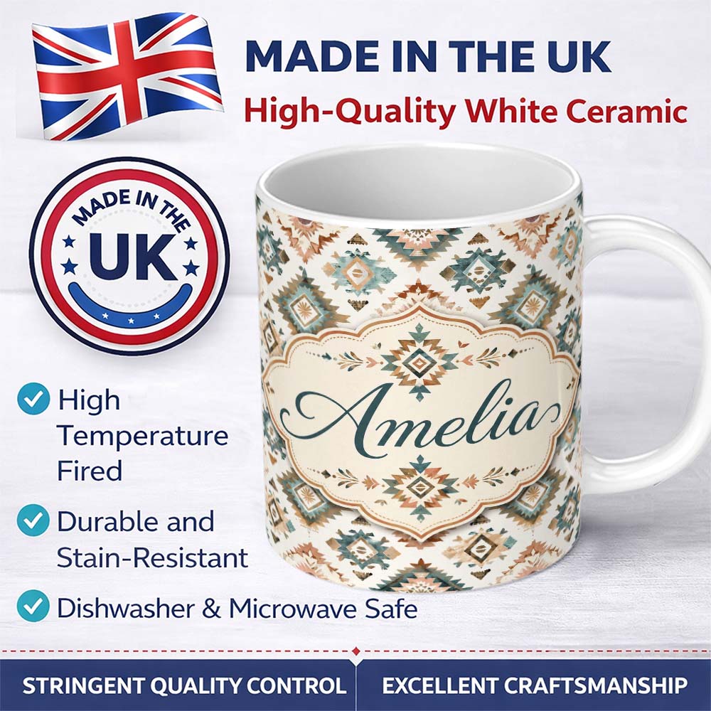 Personalized Custom Name Soft Pastel Aztec Geometric Watercolor Seamless Pattern Lovely 11oz Ceramic Coffee Tea Mug White Large Handle