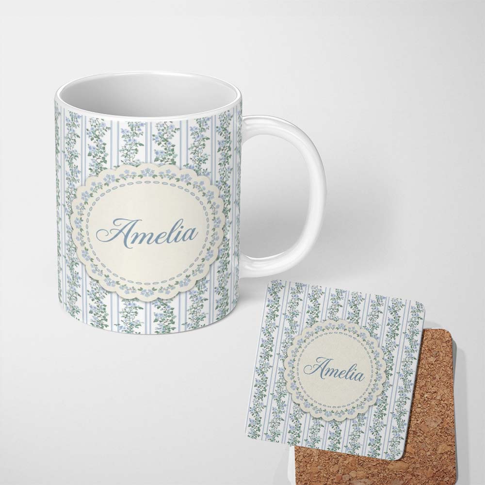 Personalized Custom Name Blue Floral Vine Stripe Seamless Pattern Beautiful Coffee Cup Lovely 11oz Ceramic Coffee Tea Mug White Large Handle