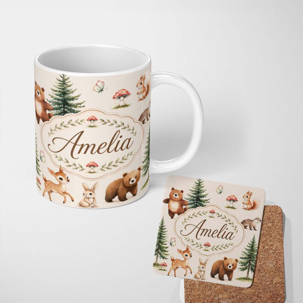 Personalized Custom Name Cute Woodland Forest Animals Bear Bunny Deer on Sage Green Lovely 11oz Ceramic Coffee Tea Mug White Large Handle