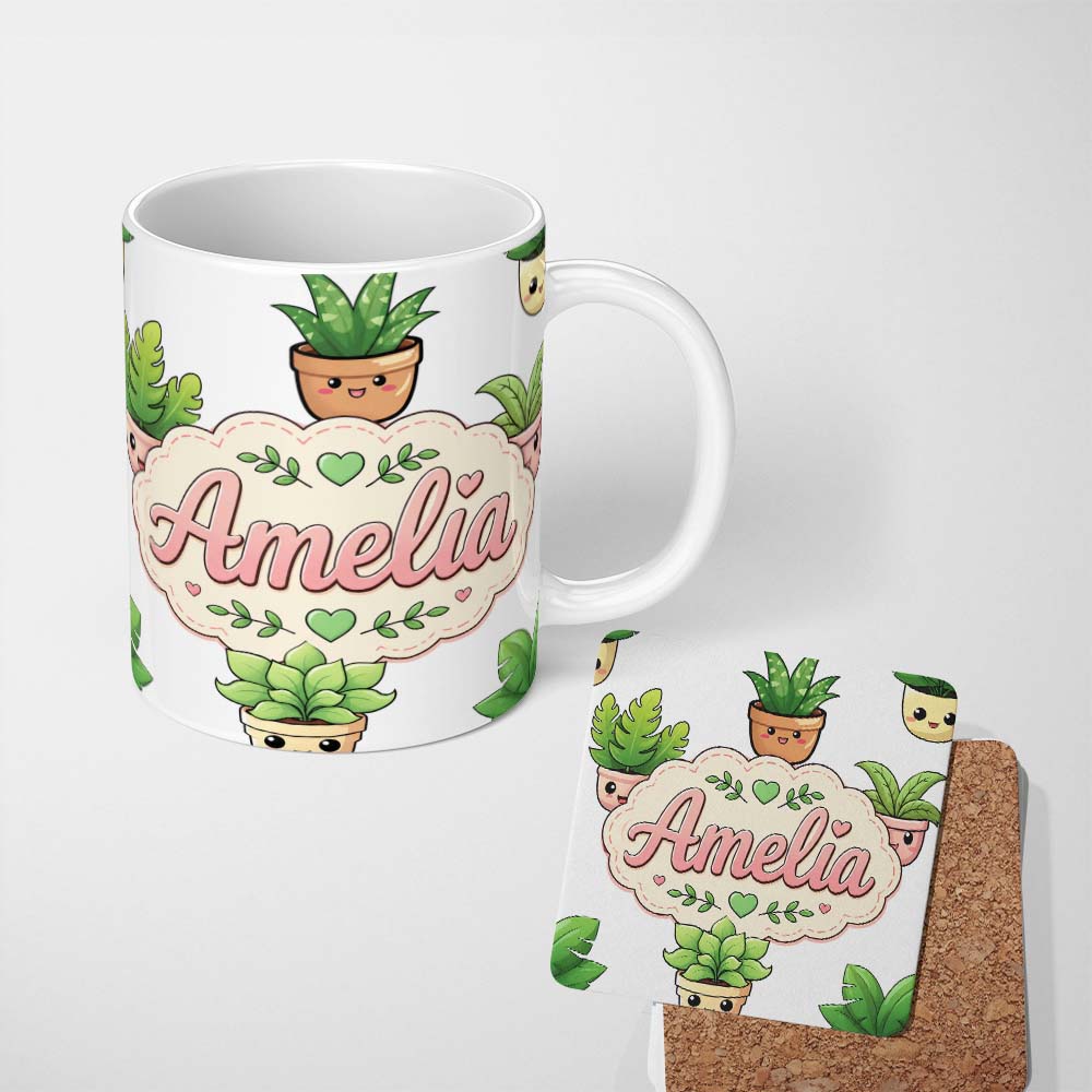 Personalized Custom Name Cute Kawaii Smiling Plant Pots Leaves Seamless Pattern Grey Lovely 11oz Ceramic Coffee Tea Mug White Large Handle