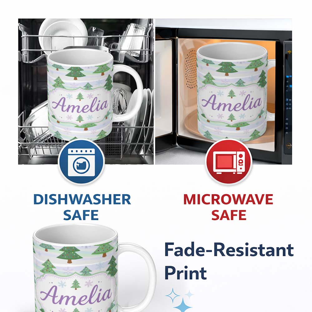 Personalized Custom Name Pastel Christmas Tree Snowflake Winter Landscape Seamless Pattern 11oz Ceramic Coffee Tea Mug White Large Handle