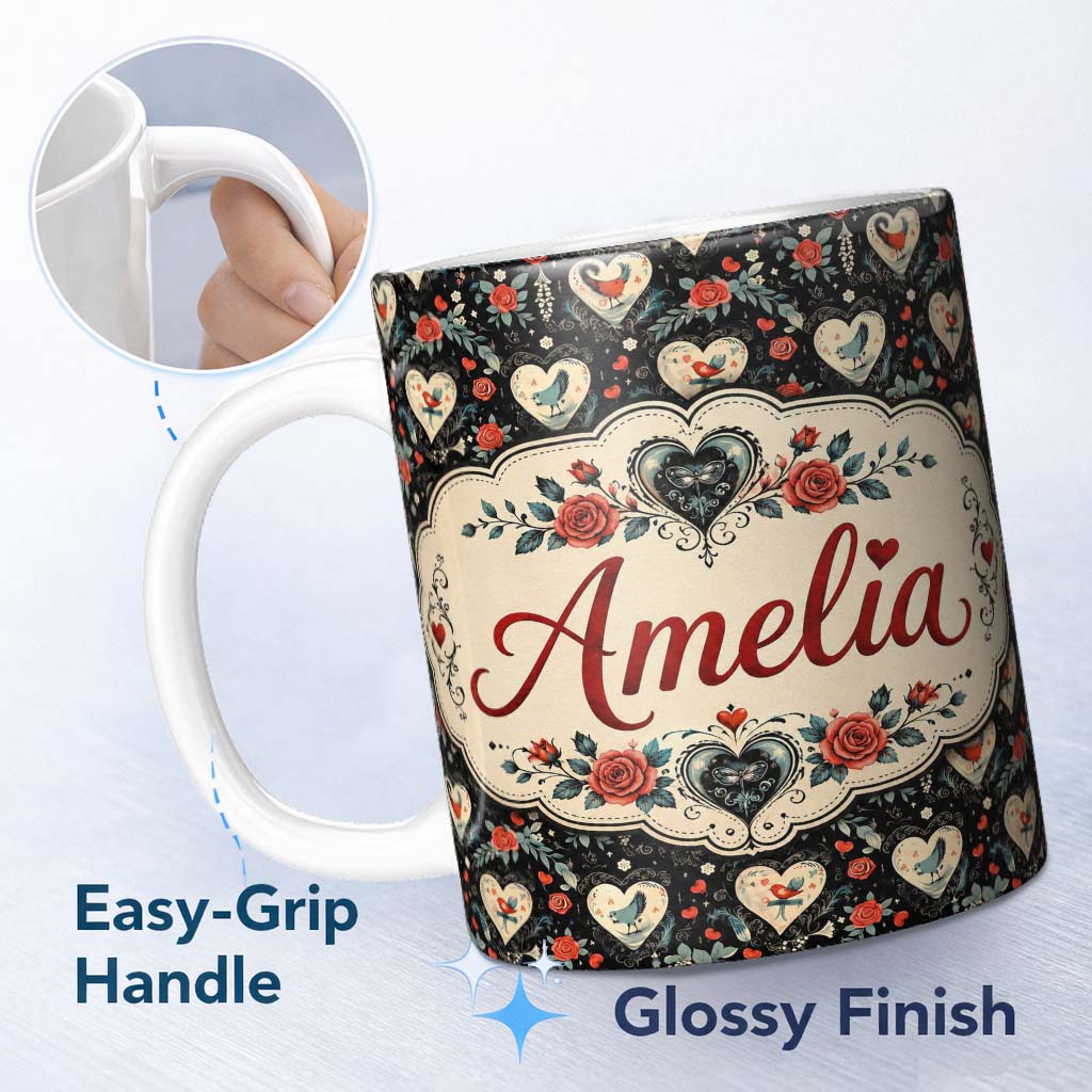 Personalized Custom Name Cute Birds Hearts and Roses on Black Background Romantic Seamless 11oz Ceramic Coffee Tea Mug White Large Handle