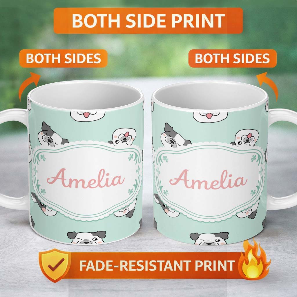 Personalized Custom Name Cute French Bulldog Faces Teal Background Seamless Pattern Lovely 11oz Ceramic Coffee Tea Mug White Large Handle