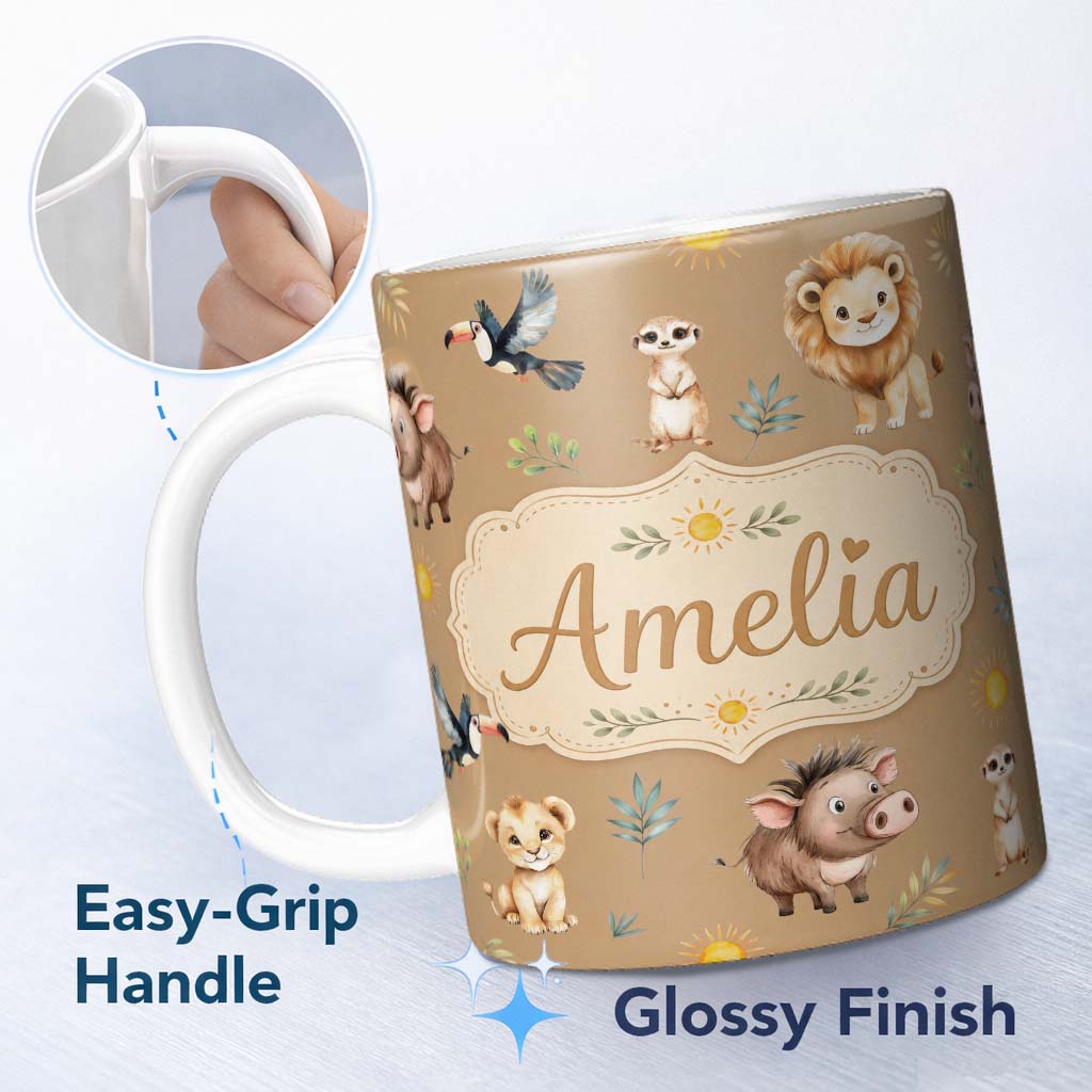 Personalized Custom Name Cute Safari Animals Lion Meerkat Toucan Neutral Seamless Pattern 11oz Ceramic Coffee Tea Mug White Large Handle