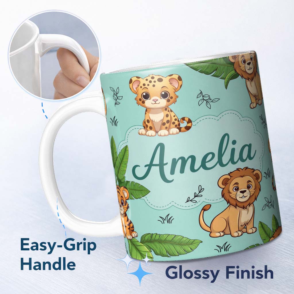 Personalized Custom Name Cute Jungle Animals Lion Tiger Leopard Teal Background Tropical 11oz Ceramic Coffee Tea Mug White Large Handle