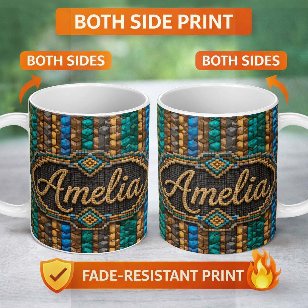 Personalized Custom Name Teal Brown Blue Vertical Cube Abstract Seamless Pattern Lovely 11oz Ceramic Coffee Tea Mug White Large Handle