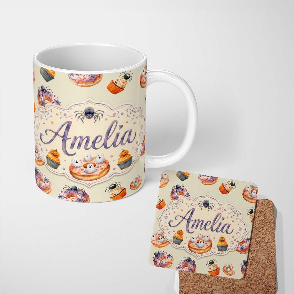 Personalized Custom Name Halloween Donuts Cupcakes and Spiders Seamless on Light Beige Lovely 11oz Ceramic Coffee Tea Mug White Large Handle
