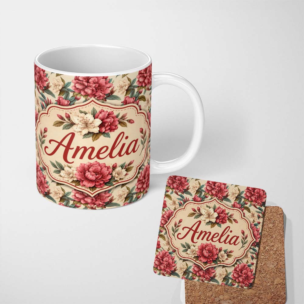 Personalized Custom Name Red and Cream Botanical Flower Garden Seamless Pattern Lovely 11oz Ceramic Coffee Tea Mug White Large Handle
