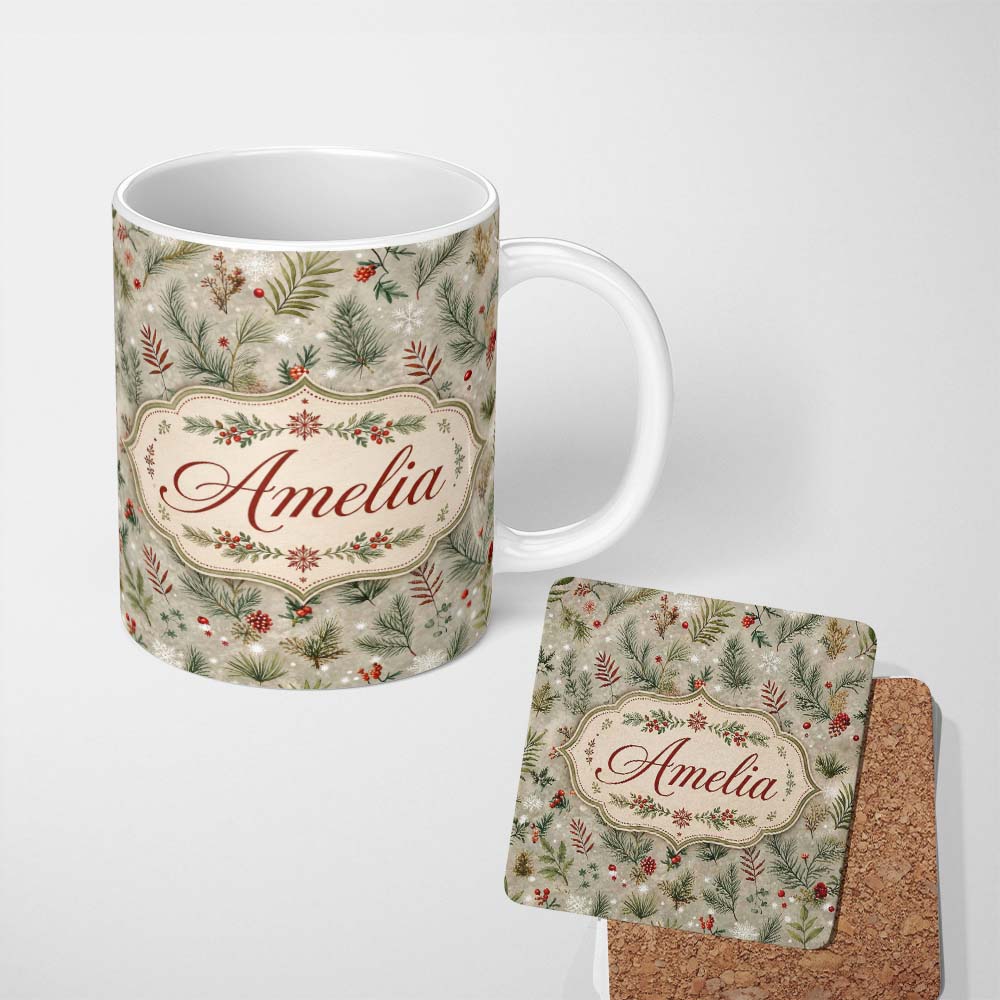 Personalized Custom Name Minimal Winter Botanical Pine Branch Berries Seamless Pattern Lovely 11oz Ceramic Coffee Tea Mug White Large Handle