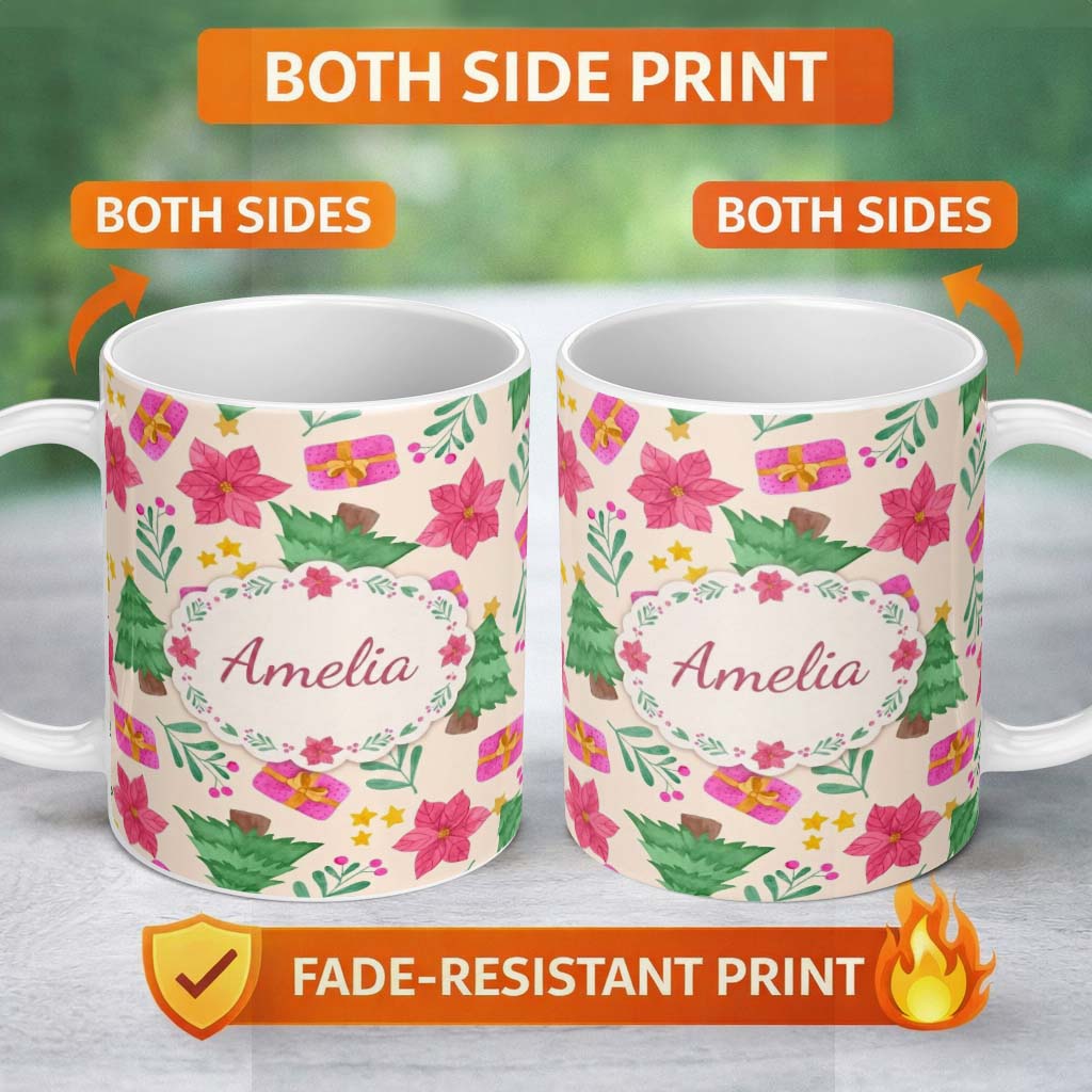 Personalized Custom Name Watercolor Poinsettia Gift Christmas Tree Seamless Pattern Lovely 11oz Ceramic Coffee Tea Mug White Large Handle