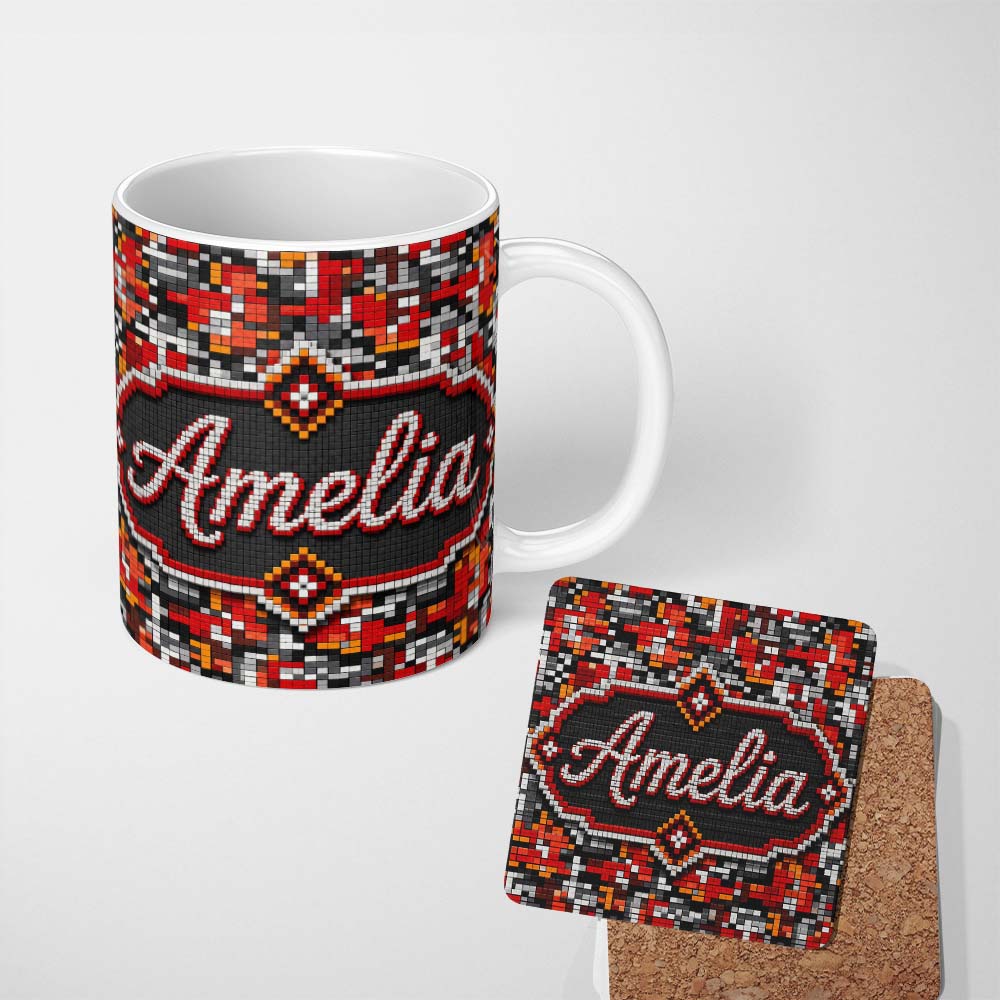 Personalized Custom Name Red Black Grey Pixelated Abstract Mosaic Seamless Pattern Lovely 11oz Ceramic Coffee Tea Mug White Large Handle