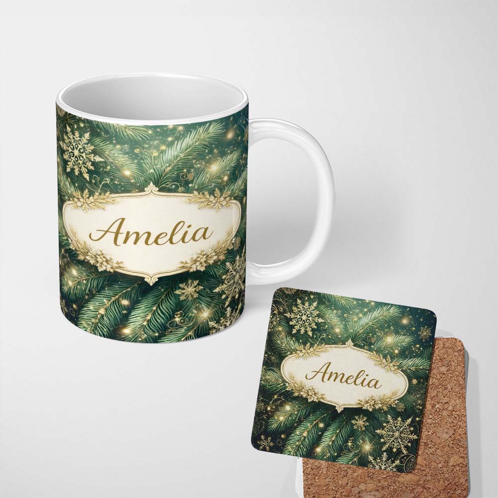 Personalized Custom Name Festive Green Pine and Snowflake Decorative Seamless Pattern Lovely 11oz Ceramic Coffee Tea Mug White Large Handle