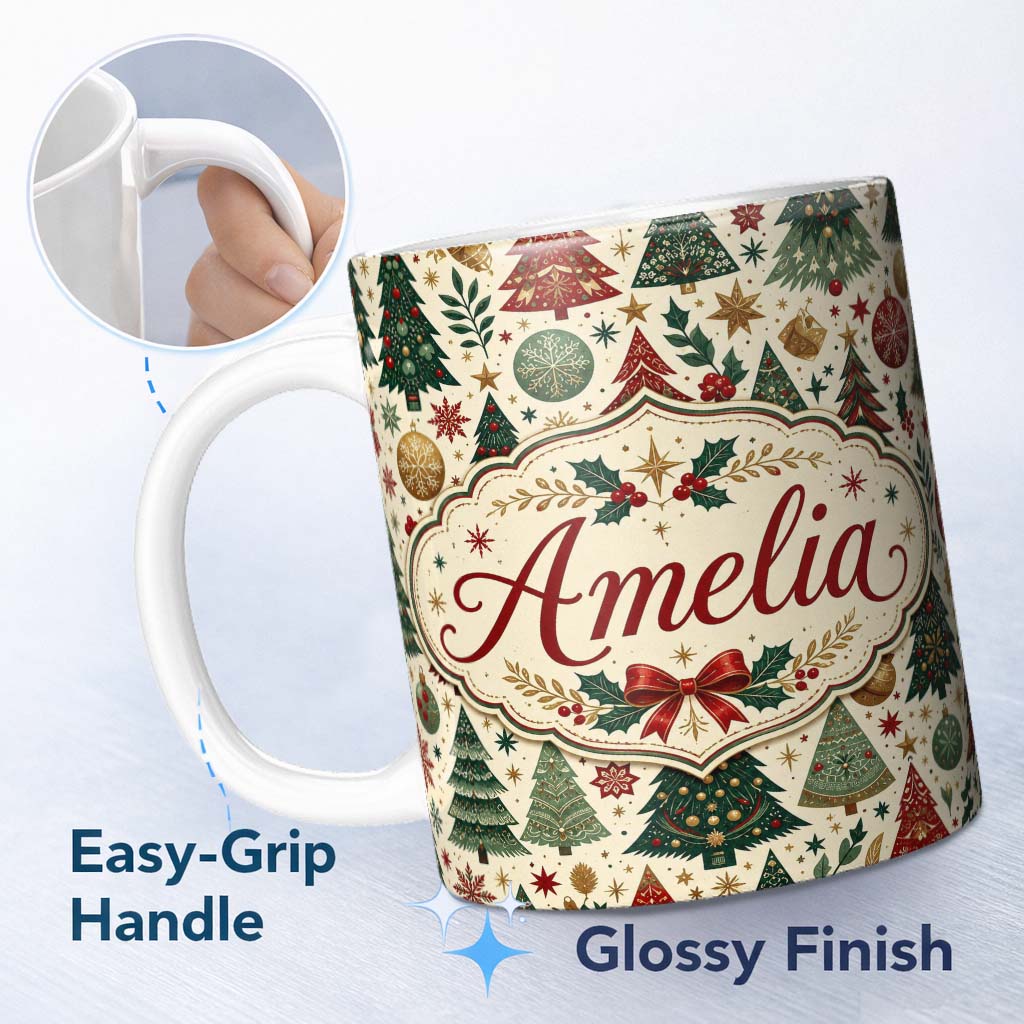 Personalized Custom Name Vintage Christmas Trees Ornaments Stars Seamless Pattern Festive 11oz Ceramic Coffee Tea Mug White Large Handle