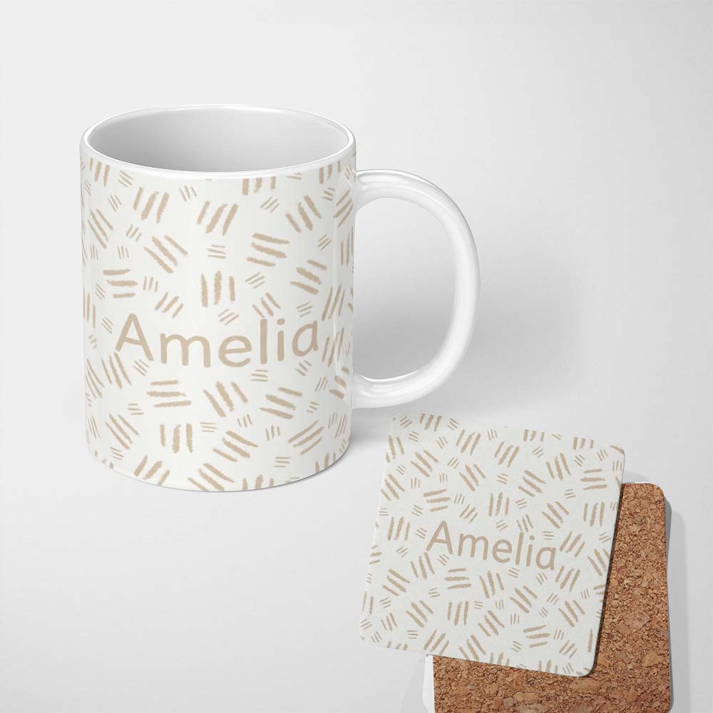 Personalized Custom Name Minimalist Neutral Brush Stroke Dash Pattern in Beige on Soft Lovely 11oz Ceramic Coffee Tea Mug White Large Handle