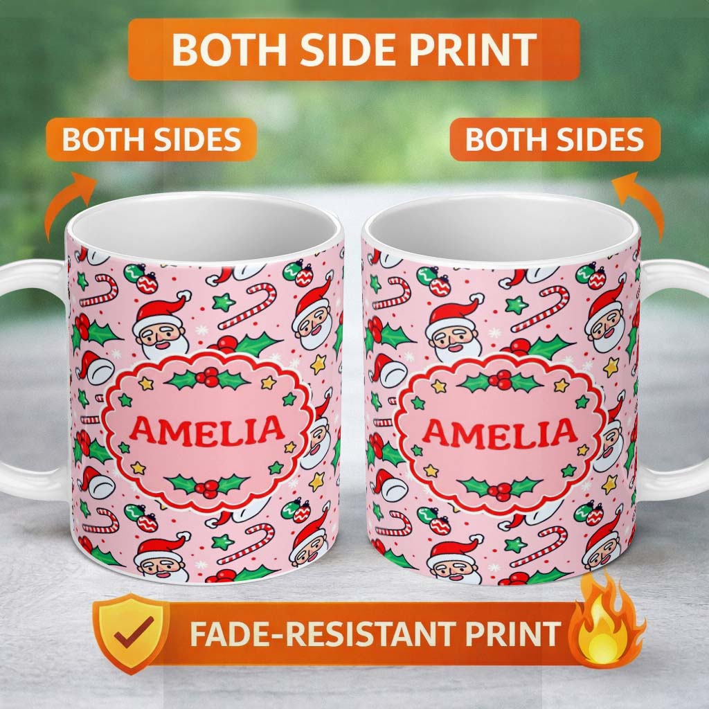 Personalized Custom Name Cute Santa Face Candy Cane Holly Berry Seamless Pattern Lovely 11oz Ceramic Coffee Tea Mug White Large Handle