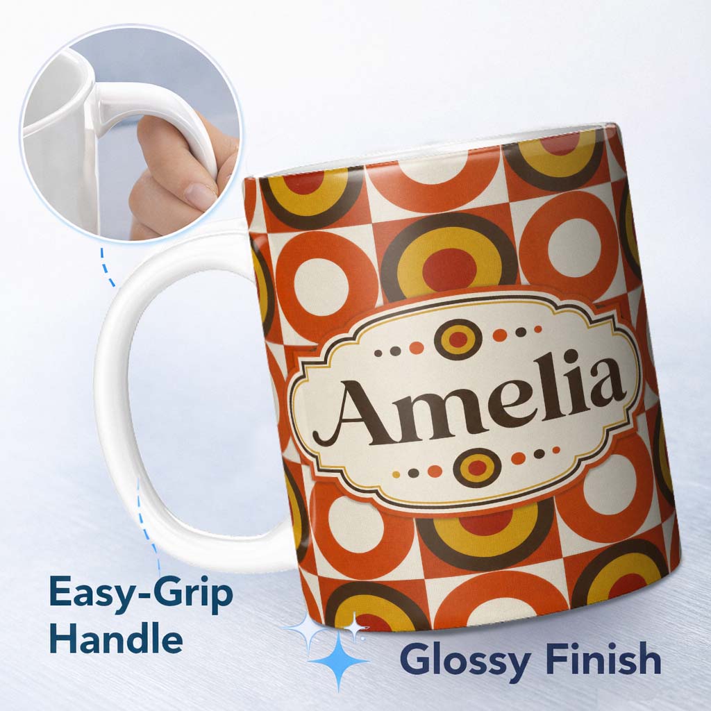 Personalized Custom Name Bold Orange Yellow Circle Check Seamless Pattern Cute Unique Gift 11oz Ceramic Coffee Tea Mug White Large Handle