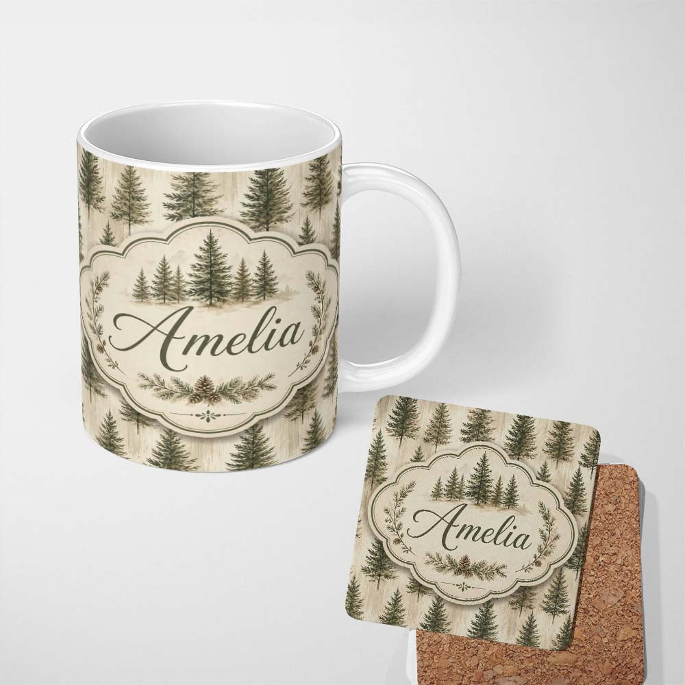 Personalized Custom Name Rustic Evergreen Trees Vintage Wood Texture Seamless Pattern Lovely 11oz Ceramic Coffee Tea Mug White Large Handle