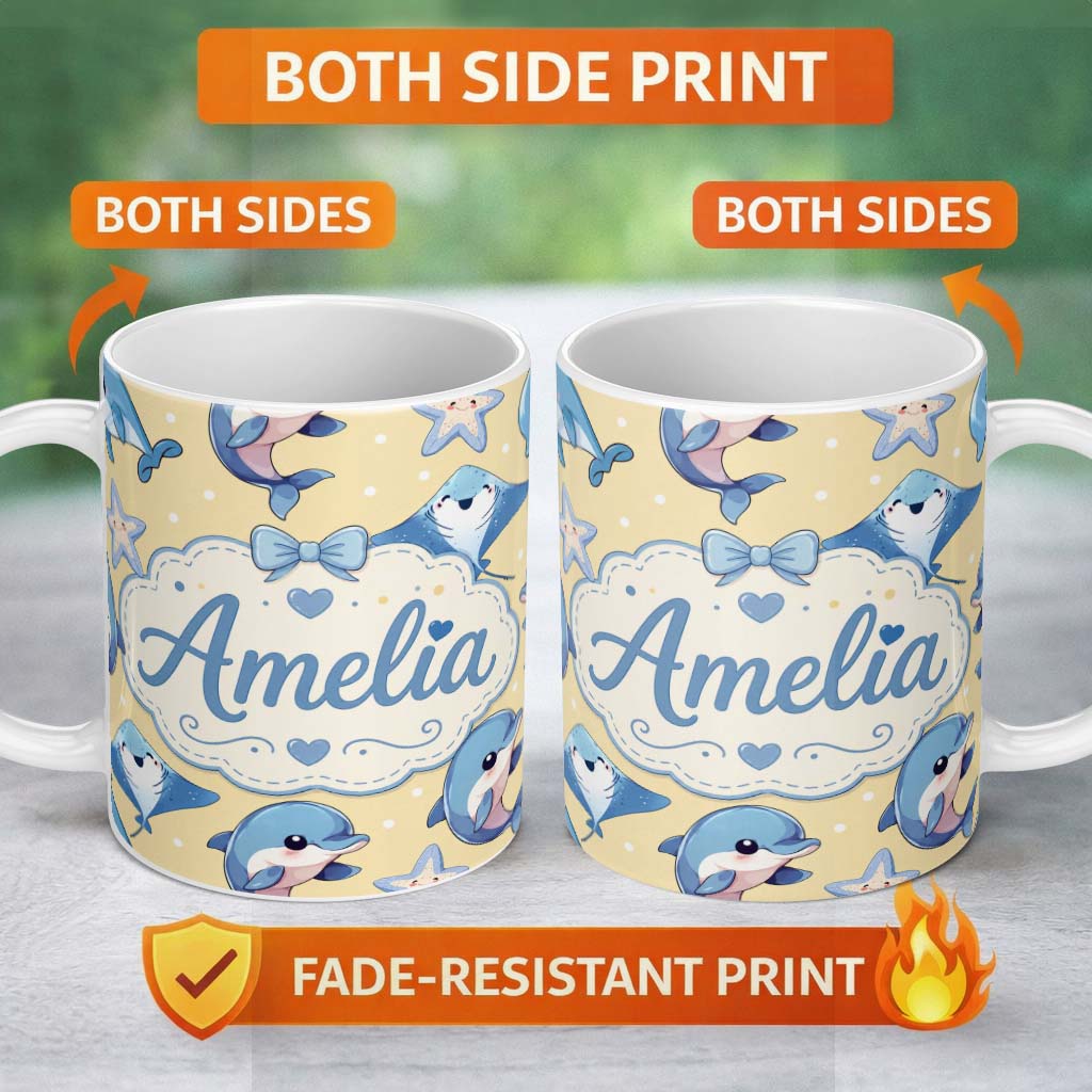 Personalized Custom Name Cute Dolphins Stingrays and Starfish Ocean Animals Seamless Pattern 11oz Ceramic Coffee Tea Mug White Large Handle