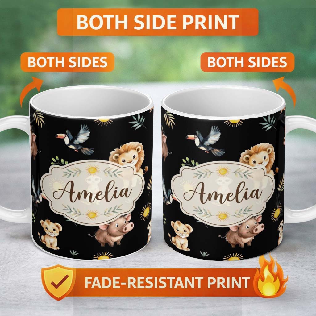 Custom Name Cute Safari Animals Lion Meerkat Toucan and Warthog with Sun 11oz Ceramic Coffee Tea Mug White Large Handle