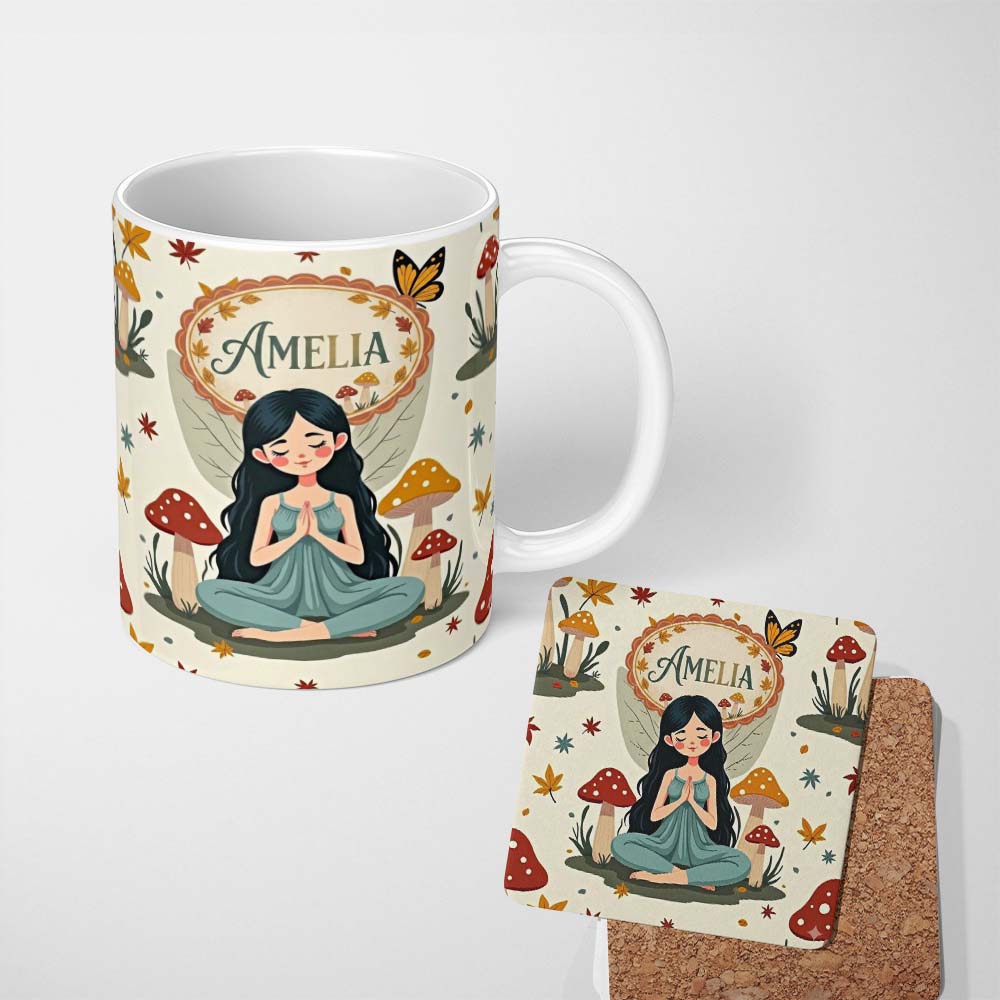 Personalized Custom Name Cute Fairy with Mushrooms Butterflies Autumn Leaves Seamless Pattern 11oz Ceramic Coffee Tea Mug White Large Handle