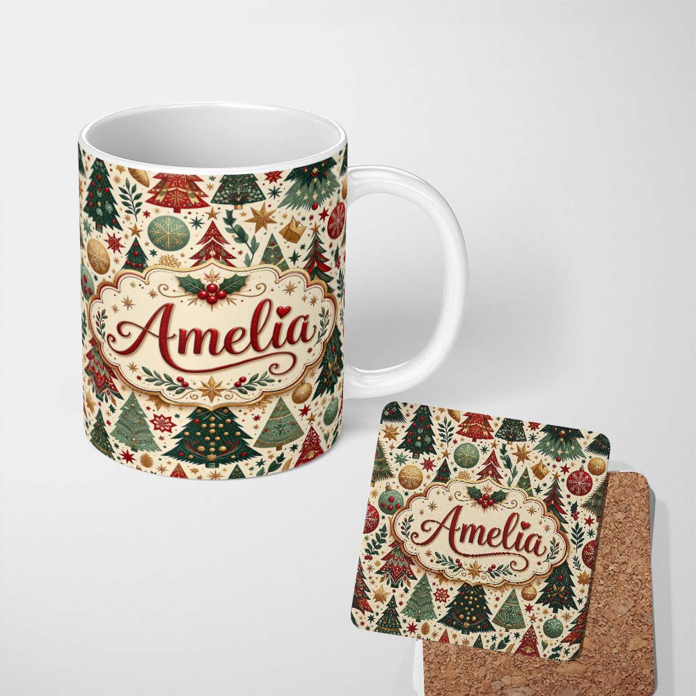 Personalized Custom Name Decorative Christmas Tree Ornament Star Holiday Seamless Pattern 11oz Ceramic Coffee Tea Mug White Large Handle