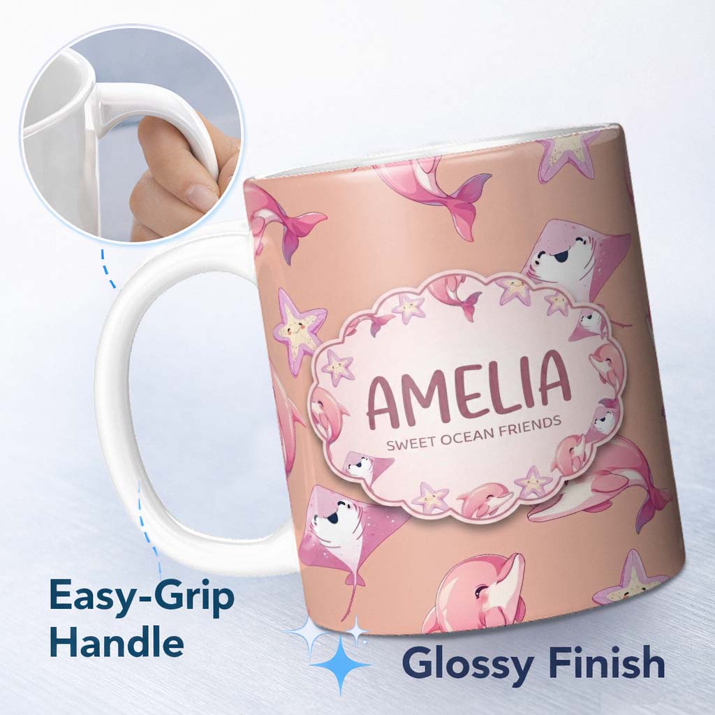 Personalized Custom Name Cute Pink Dolphins and Starfish Seamless Ocean Pattern Peach Lovely 11oz Ceramic Coffee Tea Mug White Large Handle
