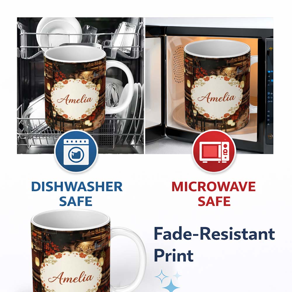Personalized Custom Name Artistic Cat with Red Flowers in Japanese Style Interior Decorative 11oz Ceramic Coffee Tea Mug White Large Handle