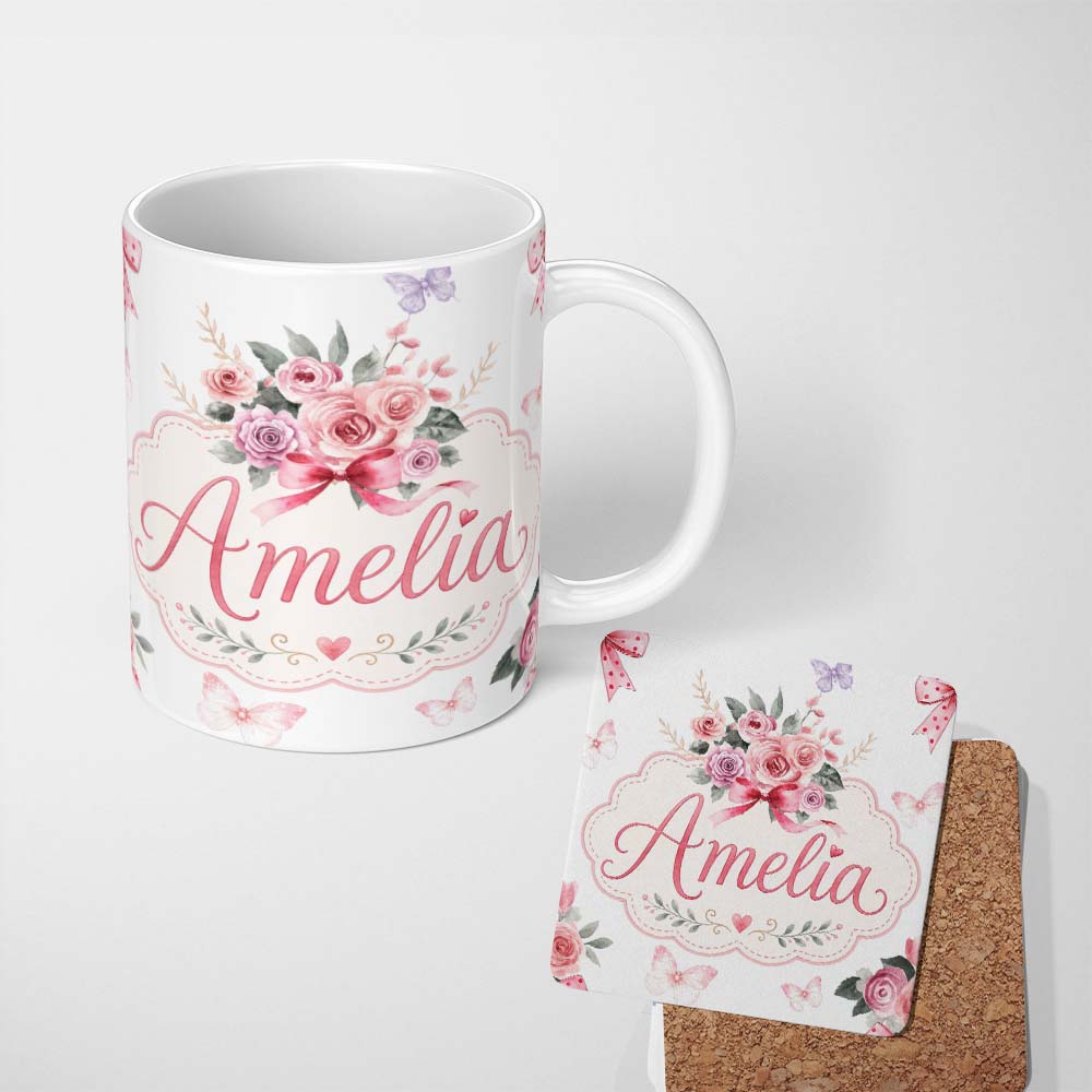 Personalized Custom Name Cute Watercolor Roses Bouquet with Red Ribbon Light Grey Background 11oz Ceramic Coffee Tea Mug White Large Handle