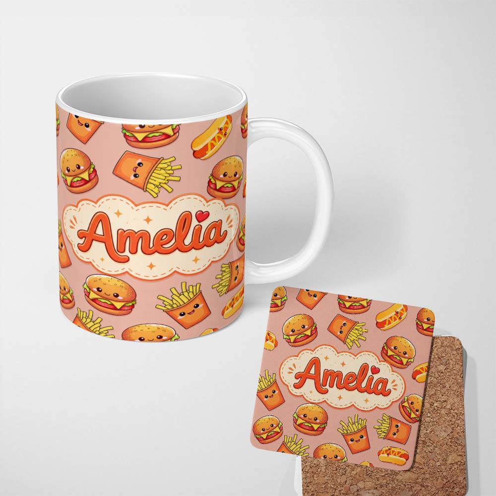 Personalized Custom Name Cute Kawaii Burger Fries Hotdog Fast Food Beige Background Seamless 11oz Ceramic Coffee Tea Mug White Large Handle