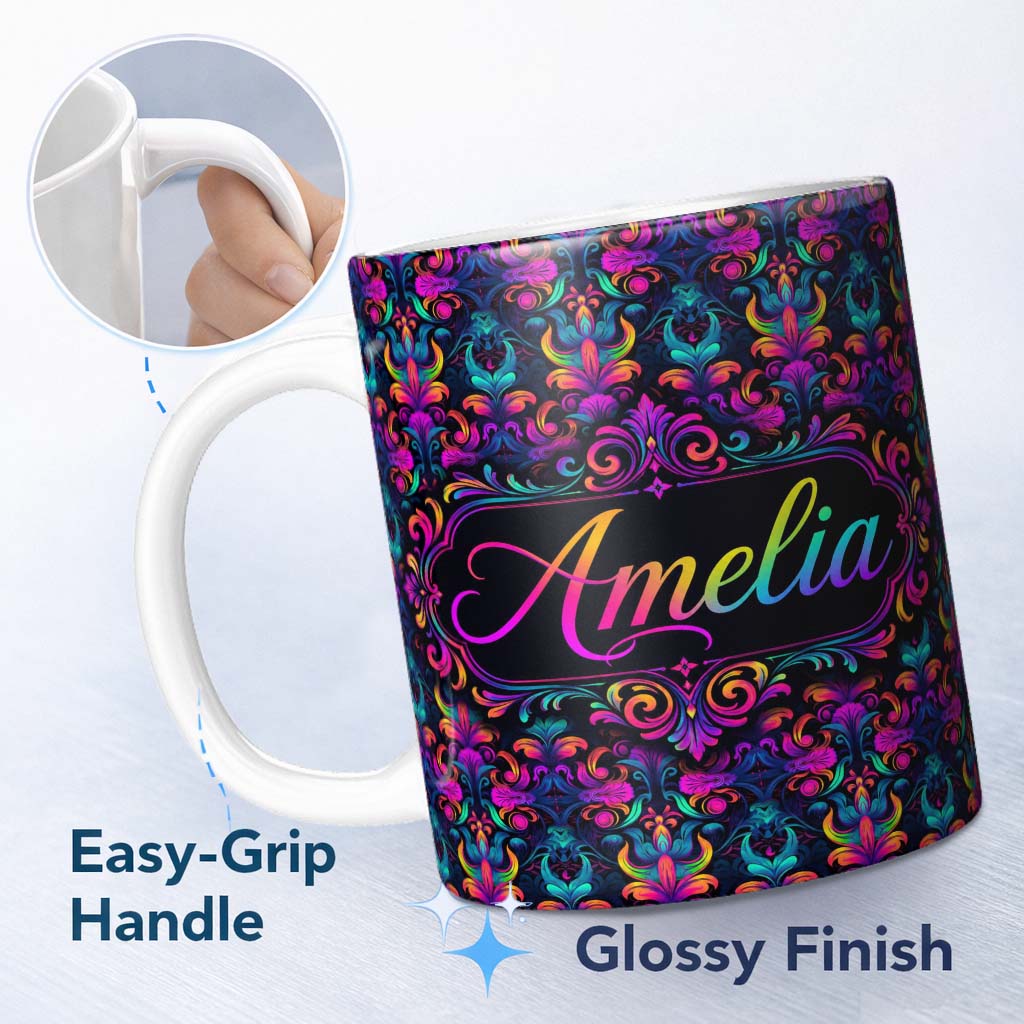 Personalized Custom Name Vibrant Neon Baroque Floral Damask Seamless Pattern Cute Unique Gift 11oz Ceramic Coffee Tea Mug White Large Handle