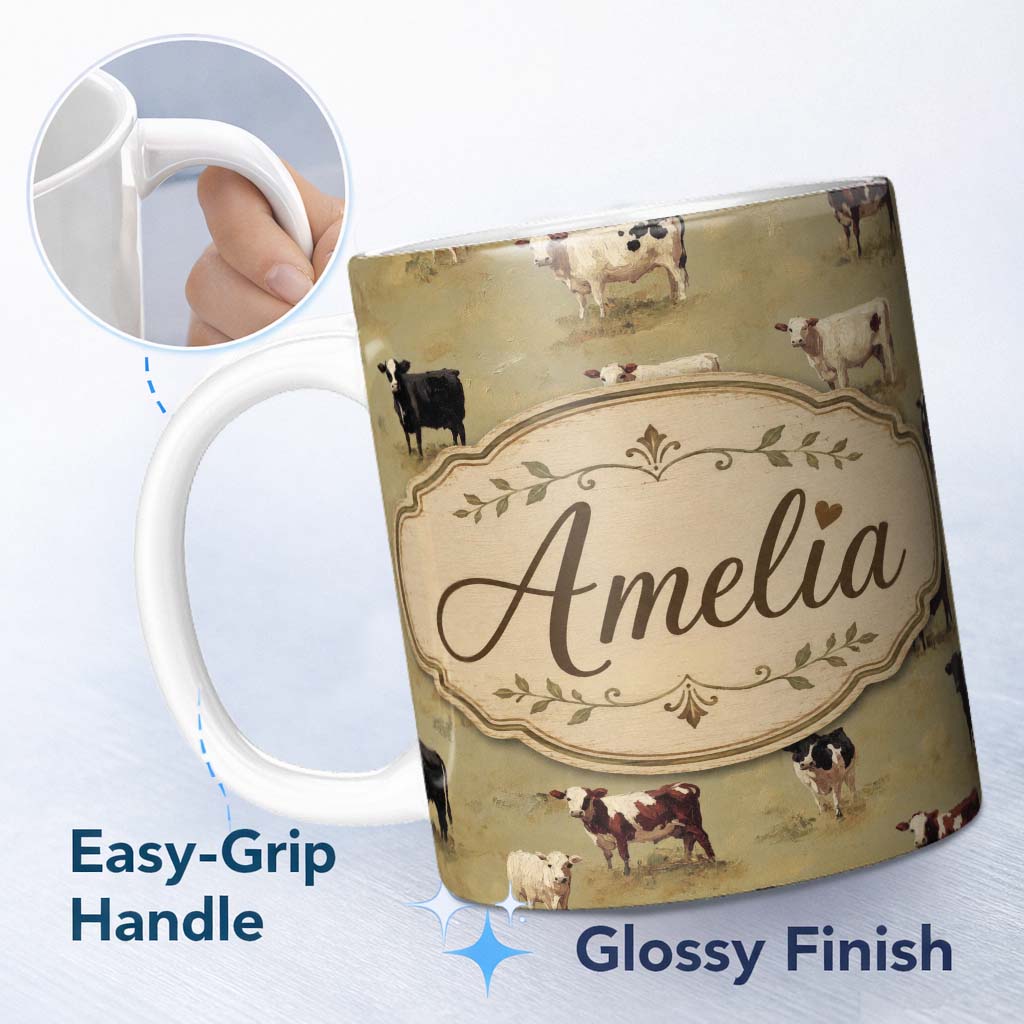 Personalized Custom Name Farm Cow Cattle Pasture Illustration Seamless Pattern Lovely 11oz Ceramic Coffee Tea Mug White Large Handle