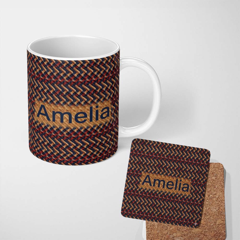 Personalized Custom Name Woven Zigzag Chevron Textile Texture Seamless Pattern Lovely 11oz Ceramic Coffee Tea Mug White Large Handle