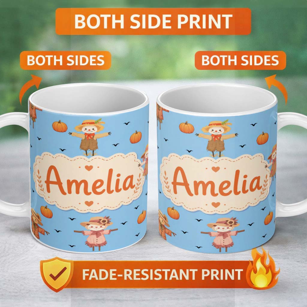 Personalized Custom Name Cute Autumn Scarecrow Pumpkin Birds Seamless Pattern Sky Blue Lovely 11oz Ceramic Coffee Tea Mug White Large Handle