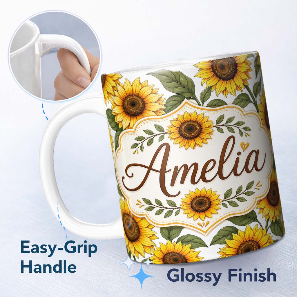 Personalized Custom Name Bright Yellow Sunflower White Background Seamless Pattern Custom 11oz Ceramic Coffee Tea Mug White Large Handle