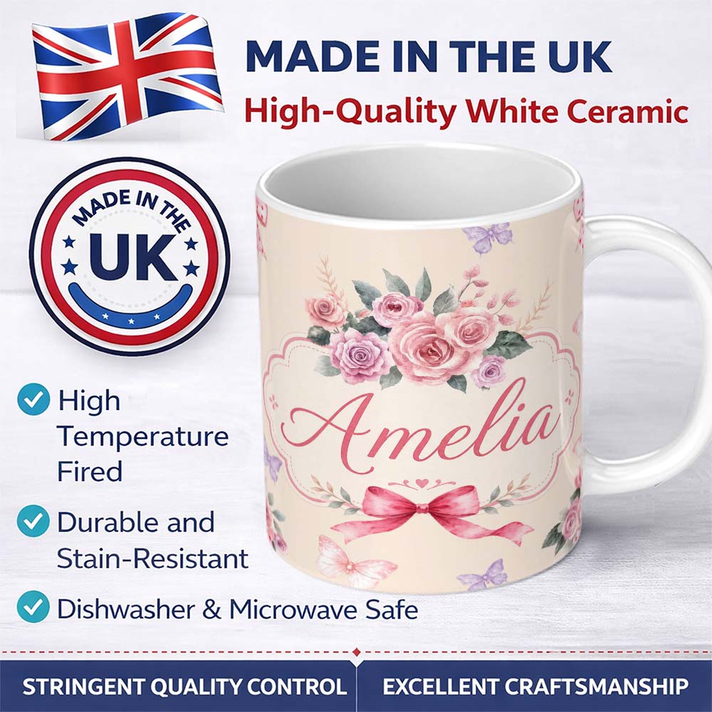 Personalized Custom Name Elegant Watercolor Rose Bouquet Ribbon Butterfly Soft Neutral Lovely 11oz Ceramic Coffee Tea Mug White Large Handle