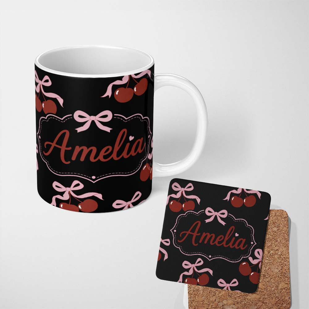 Personalized Custom Name Cherry Bow Ribbon Cute Minimal Black Background Seamless Pattern 11oz Ceramic Coffee Tea Mug White Large Handle