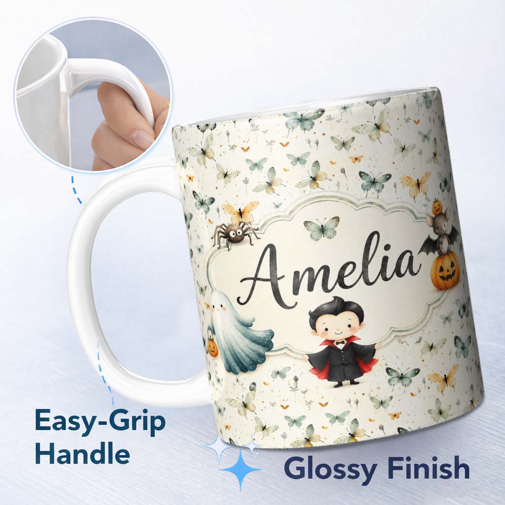 Personalized Custom Name Soft Watercolor Butterflies with Neutral Tones Seamless Pattern 11oz Ceramic Coffee Tea Mug White Large Handle