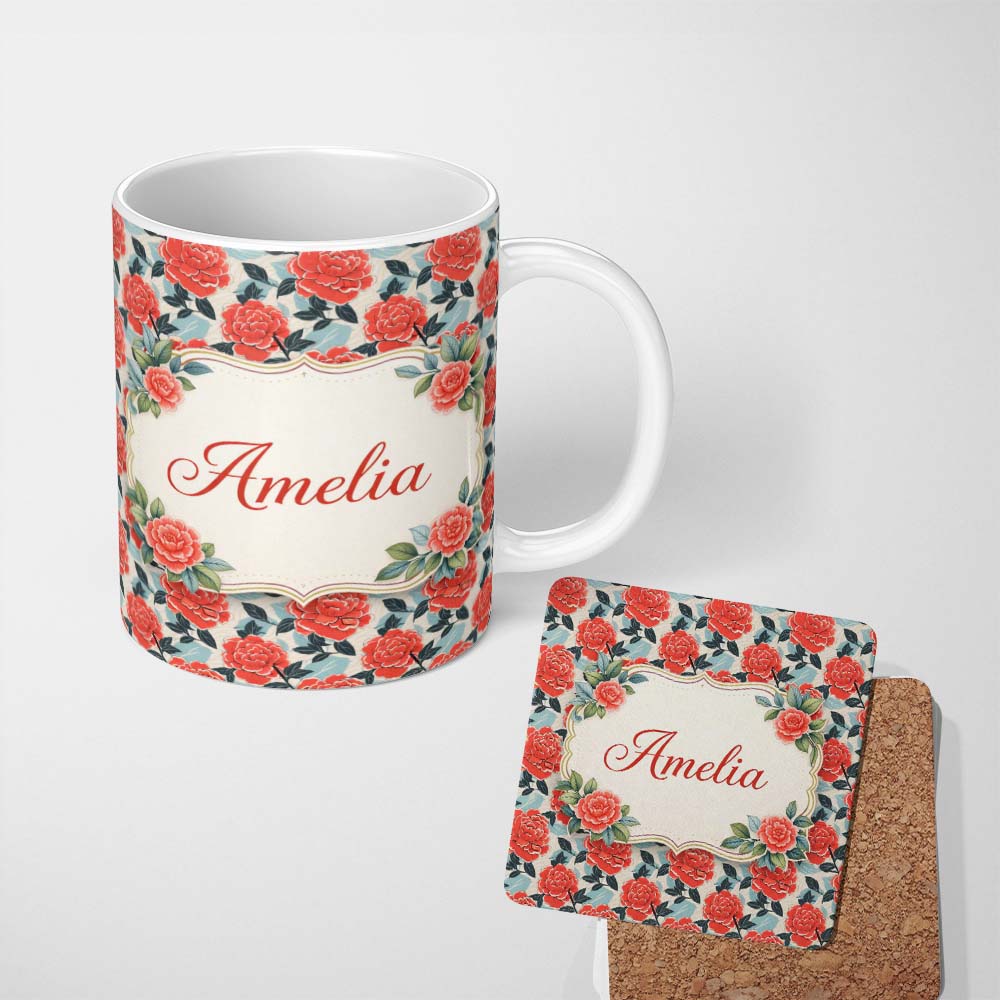 Personalized Custom Name Soft Pink Floral Blossom Seamless Pattern Charming Kitchen Decor 11oz Ceramic Coffee Tea Mug White Large Handle