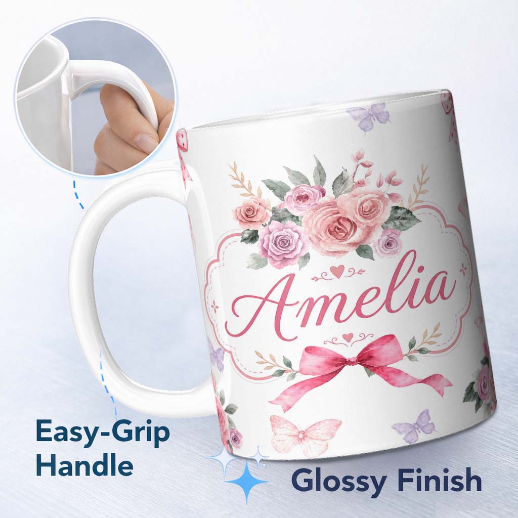 Personalized Custom Name Elegant Watercolor Rose Bouquet Ribbon Butterfly Light Grey Lovely 11oz Ceramic Coffee Tea Mug White Large Handle