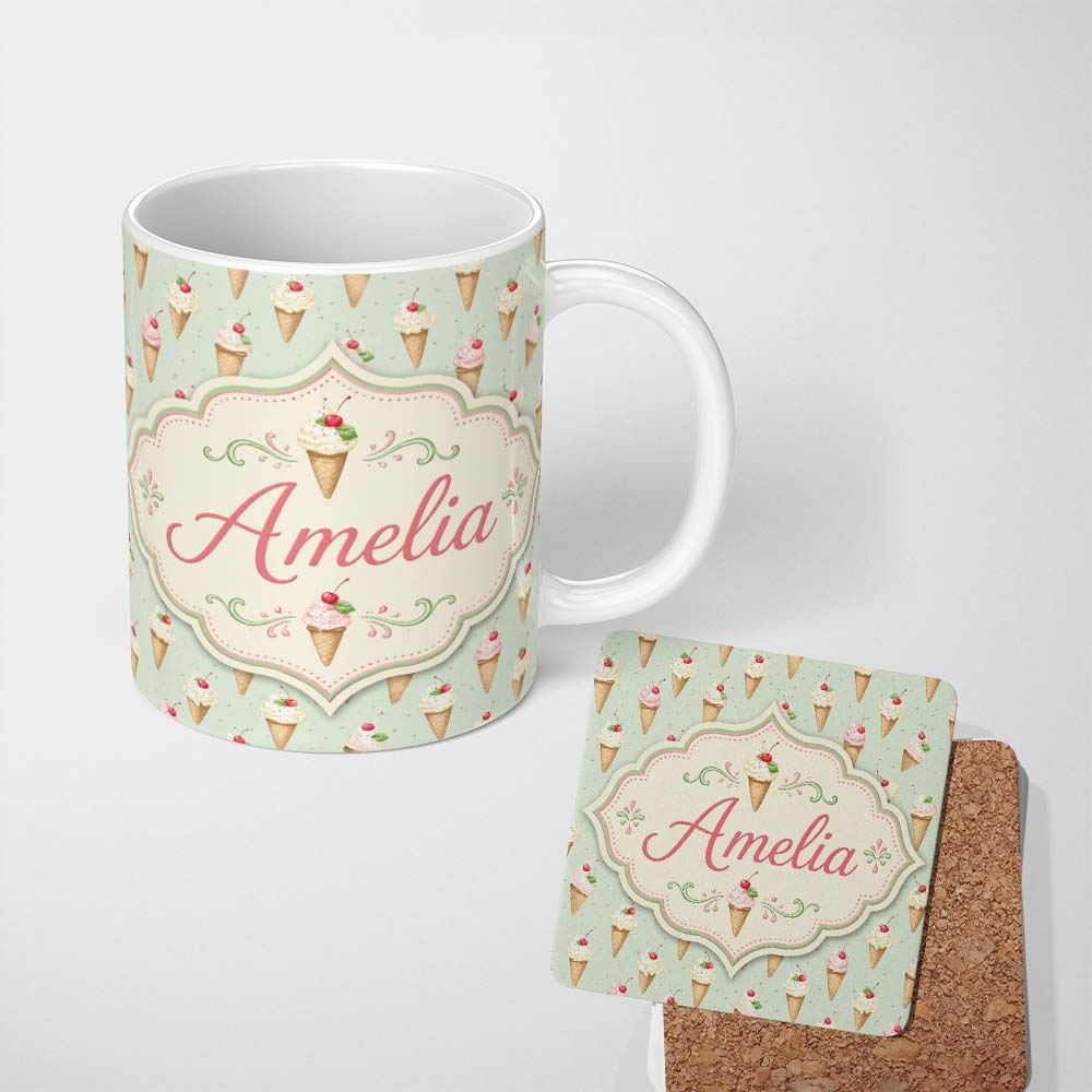 Personalized Custom Name Vintage Style Ice Cream Cones with Cherries on Mint Green Background 11oz Ceramic Coffee Tea Mug White Large Handle