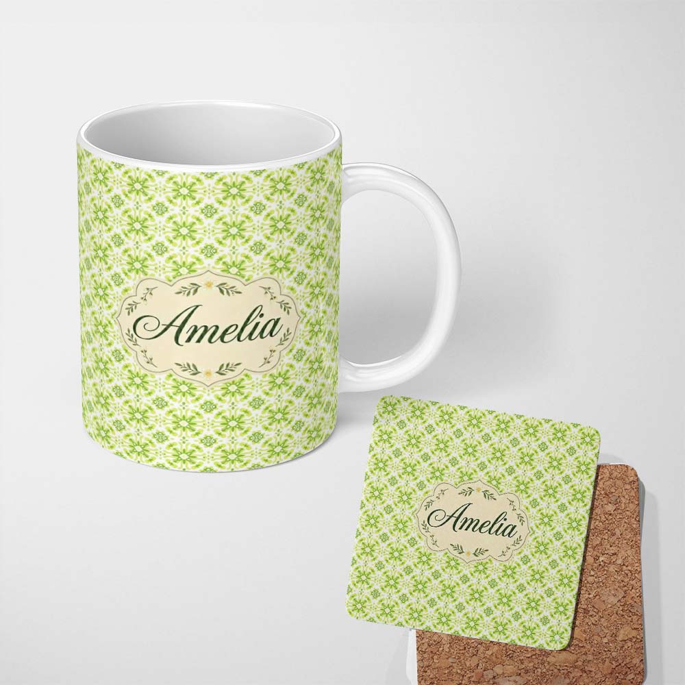 Personalized Custom Name Small Scale Green Floral Geometric Tile Seamless Pattern Lovely 11oz Ceramic Coffee Tea Mug White Large Handle
