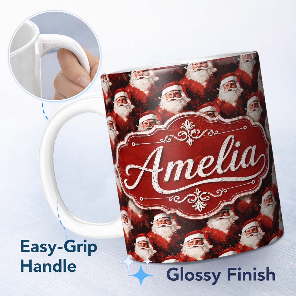 Personalized Custom Name Dramatic Santa Portrait Red Splatter Background Christmas Design 11oz Ceramic Coffee Tea Mug White Large Handle