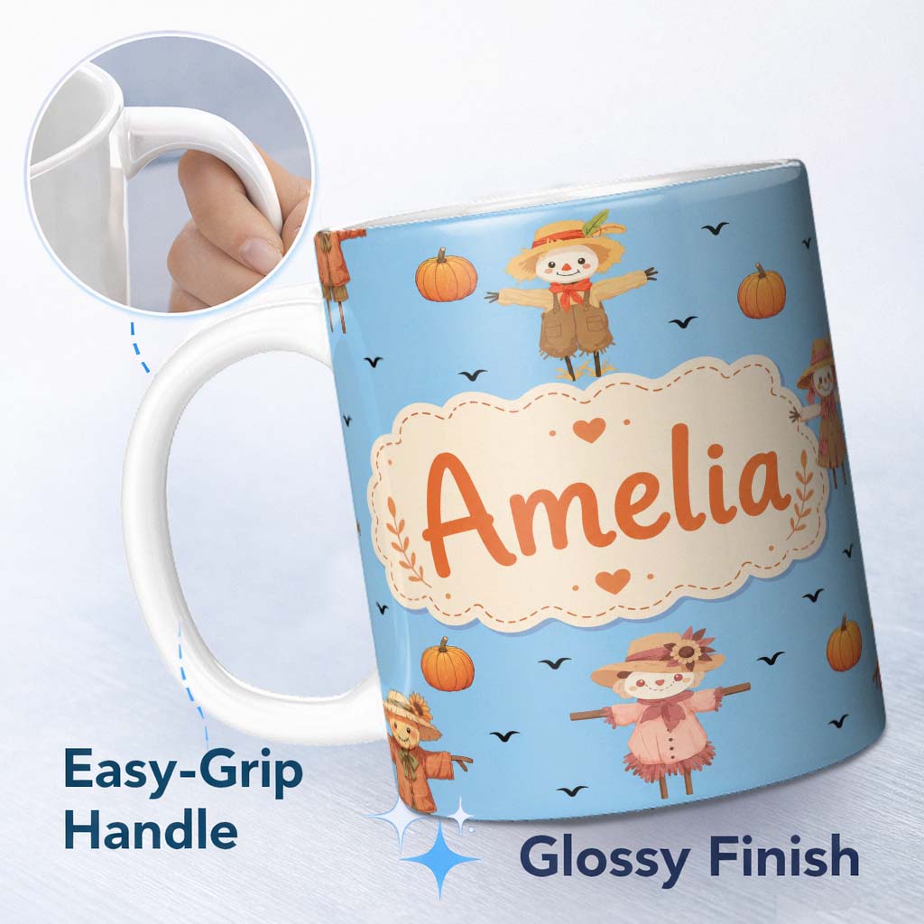 Personalized Custom Name Cute Autumn Scarecrow Pumpkin Birds Seamless Pattern Sky Blue Lovely 11oz Ceramic Coffee Tea Mug White Large Handle