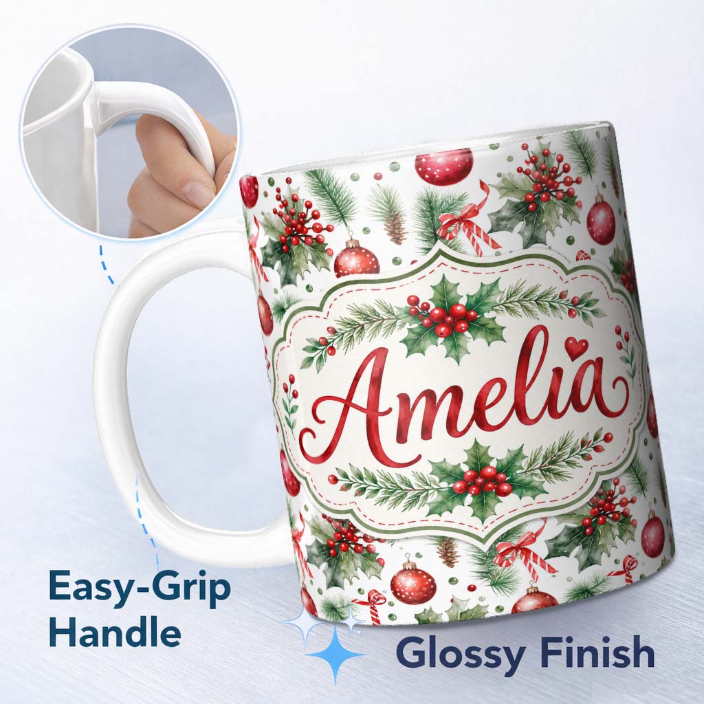 Personalized Custom Name Watercolor Holly Leaves Red Berries Baubles Festive Seamless Pattern 11oz Ceramic Coffee Tea Mug White Large Handle