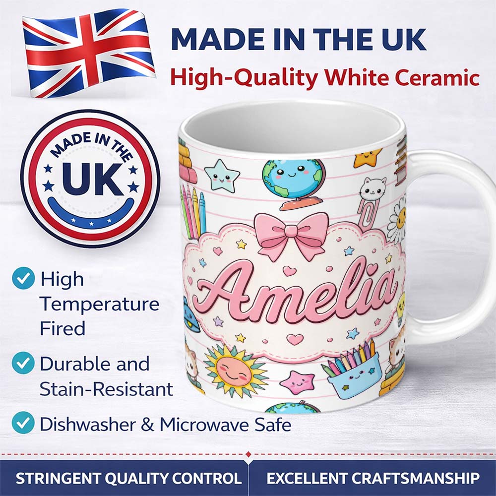 Personalized Custom Name Cute Kawaii School Cat Books Stationery Seamless Pattern Pink Lines 11oz Ceramic Coffee Tea Mug White Large Handle