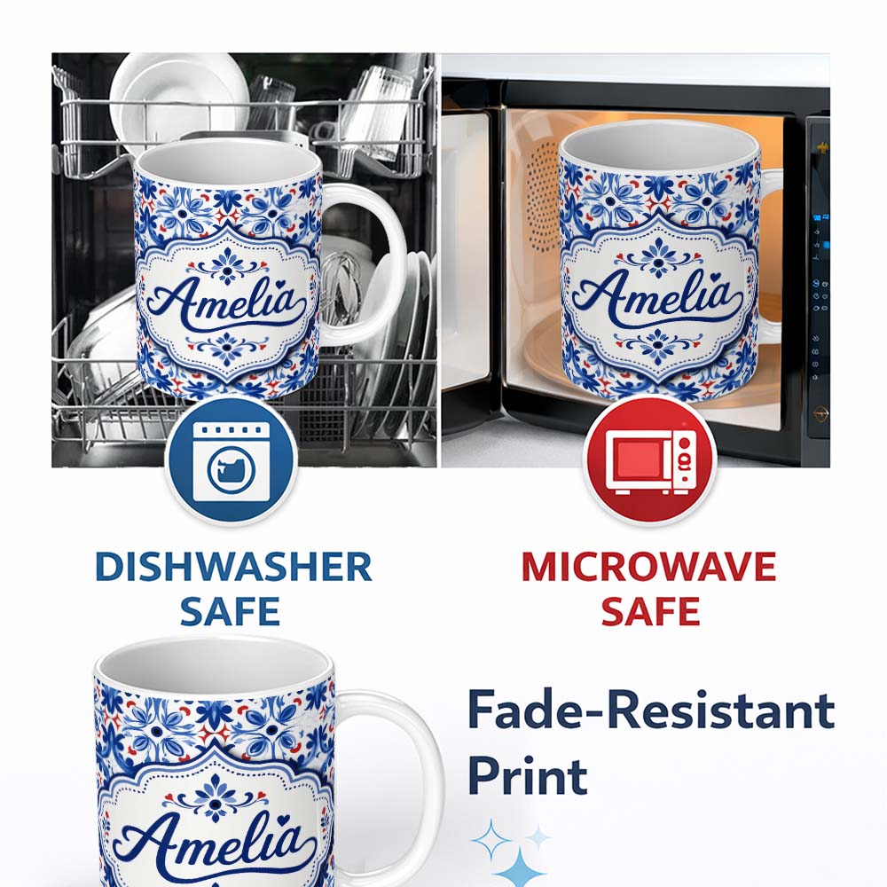 Personalized Custom Name Classic Blue Floral Portuguese Tile Pattern with Red Accents on 11oz Ceramic Coffee Tea Mug White Large Handle