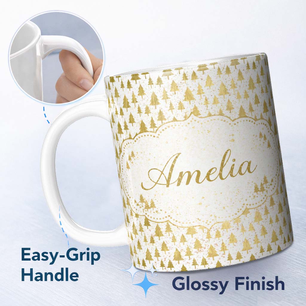 Personalized Custom Name Gold Christmas Tree Pattern White Background Seamless Lovely 11oz Ceramic Coffee Tea Mug White Large Handle